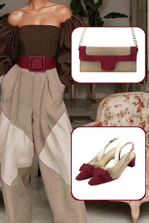 Women's burgundy red and tan beige elegant slingback heels, with a bow on the front. Tapered toe. Low kitten heels - Top view